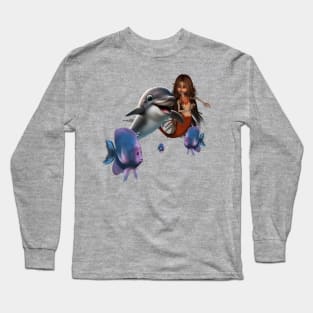 Cute mermaid and funny dolphin Long Sleeve T-Shirt